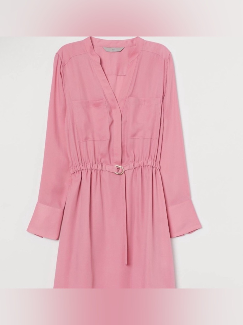 H&M Pink Long-Sleeve V-Neck Drawstring Waist Dress